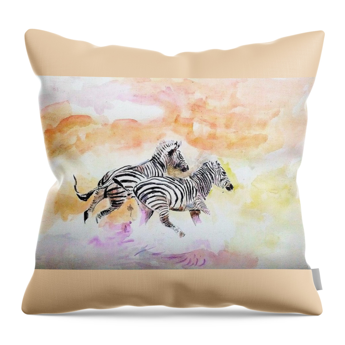 Zebra Throw Pillow featuring the painting Crossing the river. by Khalid Saeed