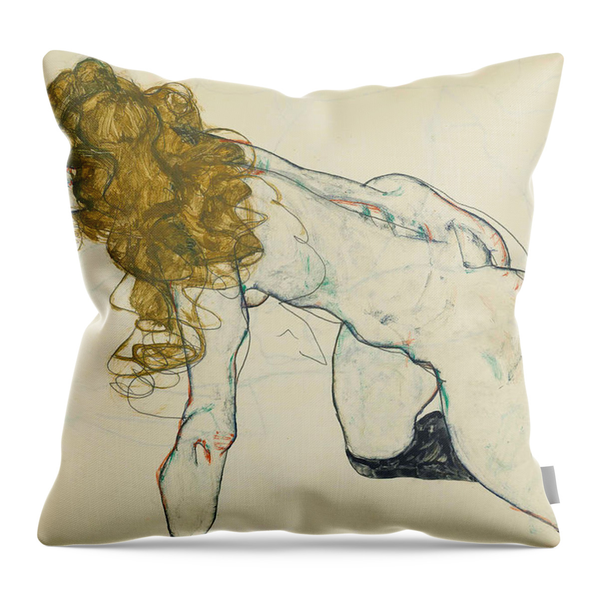 Egon Schiele Throw Pillow featuring the drawing Crouching Blonde Nude with extended Left Arm by Egon Schiele