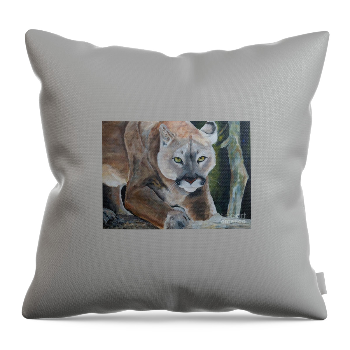 Eastern Mountain Lion Throw Pillow featuring the painting Crouching Lion by Frankie Picasso