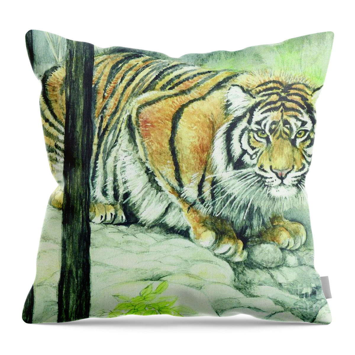 Crouching Throw Pillow featuring the painting Crouching Tiger by Morgan Fitzsimons