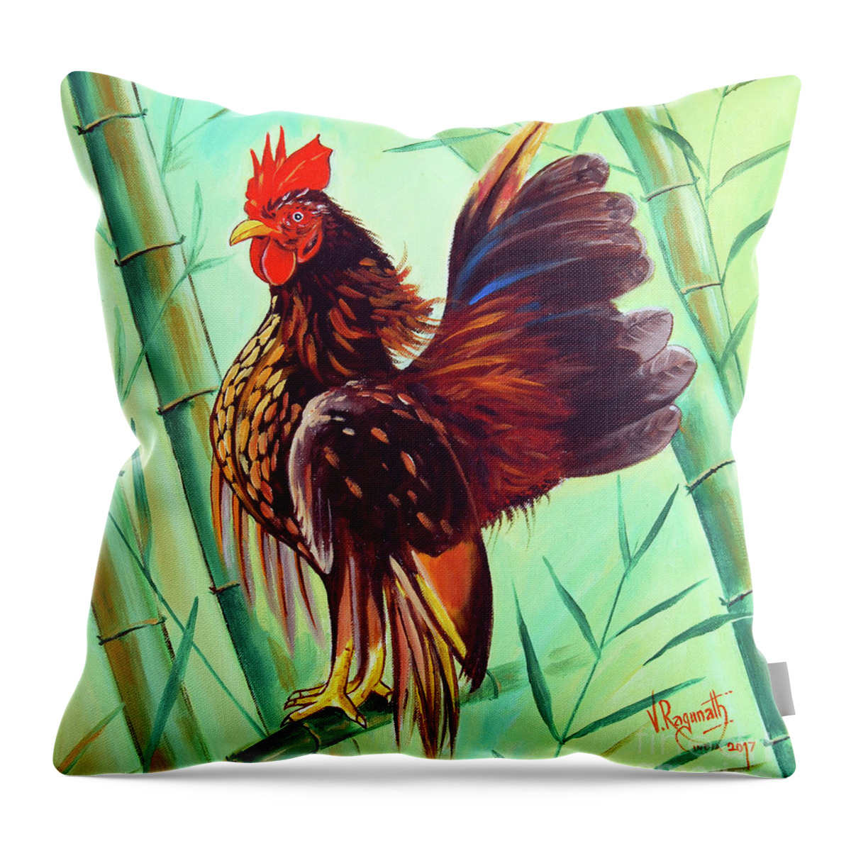 Bird Throw Pillow featuring the painting Crown Of The Serama Chicken by Ragunath Venkatraman