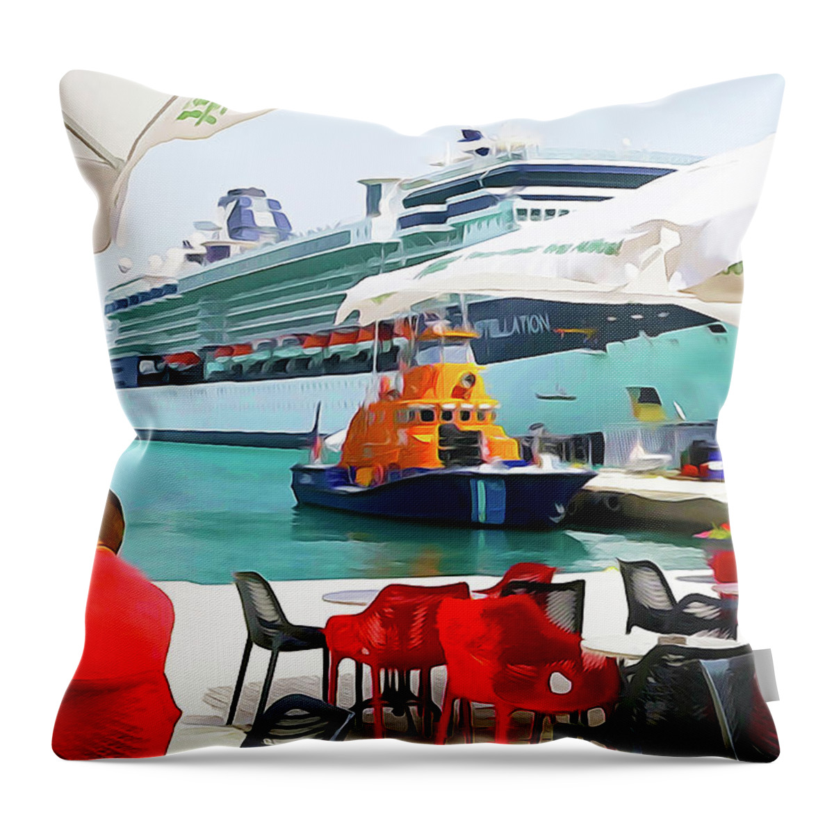 Cruise Ship Throw Pillow featuring the digital art Cruise Ship in Port by Dennis Cox