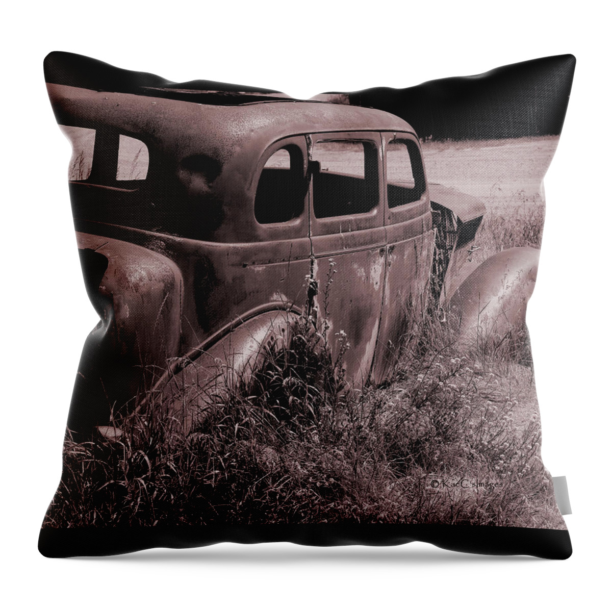 Automobile Throw Pillow featuring the mixed media Crumbling Car by Kae Cheatham