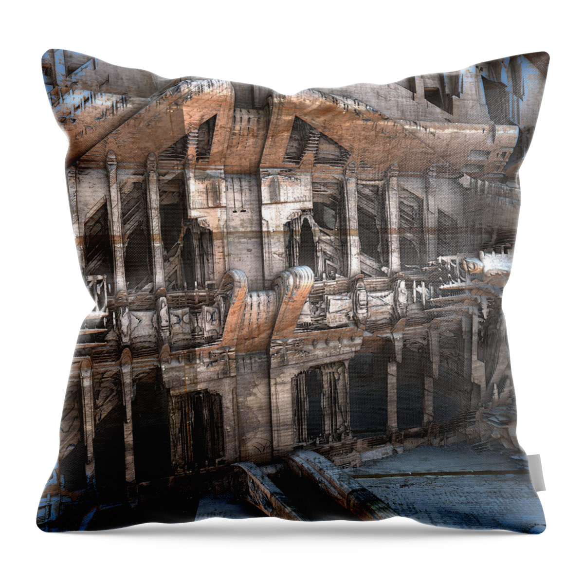 Sciencefiction Scifi Grunge Dystopian Architecture Building Fractal Fractalart Mandelbulb3d Mandelbulb Throw Pillow featuring the digital art Crumbling Facade by Hal Tenny