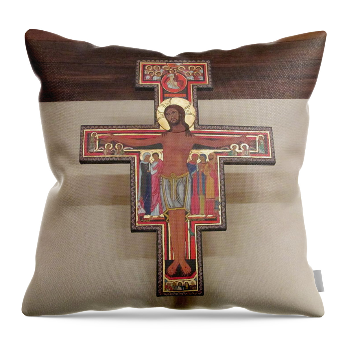 Saint Francis Throw Pillow featuring the painting Cruz de San Damian by Sarah Hornsby