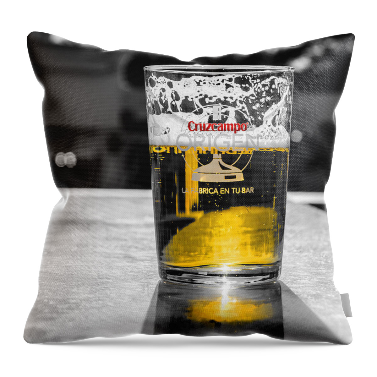 Cruzcampo Throw Pillow featuring the photograph Cruzcampo Beer by AM FineArtPrints