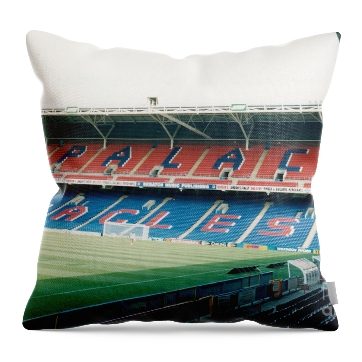 Crystal Palace Throw Pillow featuring the photograph Crystal Palace - Selhurst Park - South Stand Holmesdale Road 3 - August 1997 by Legendary Football Grounds