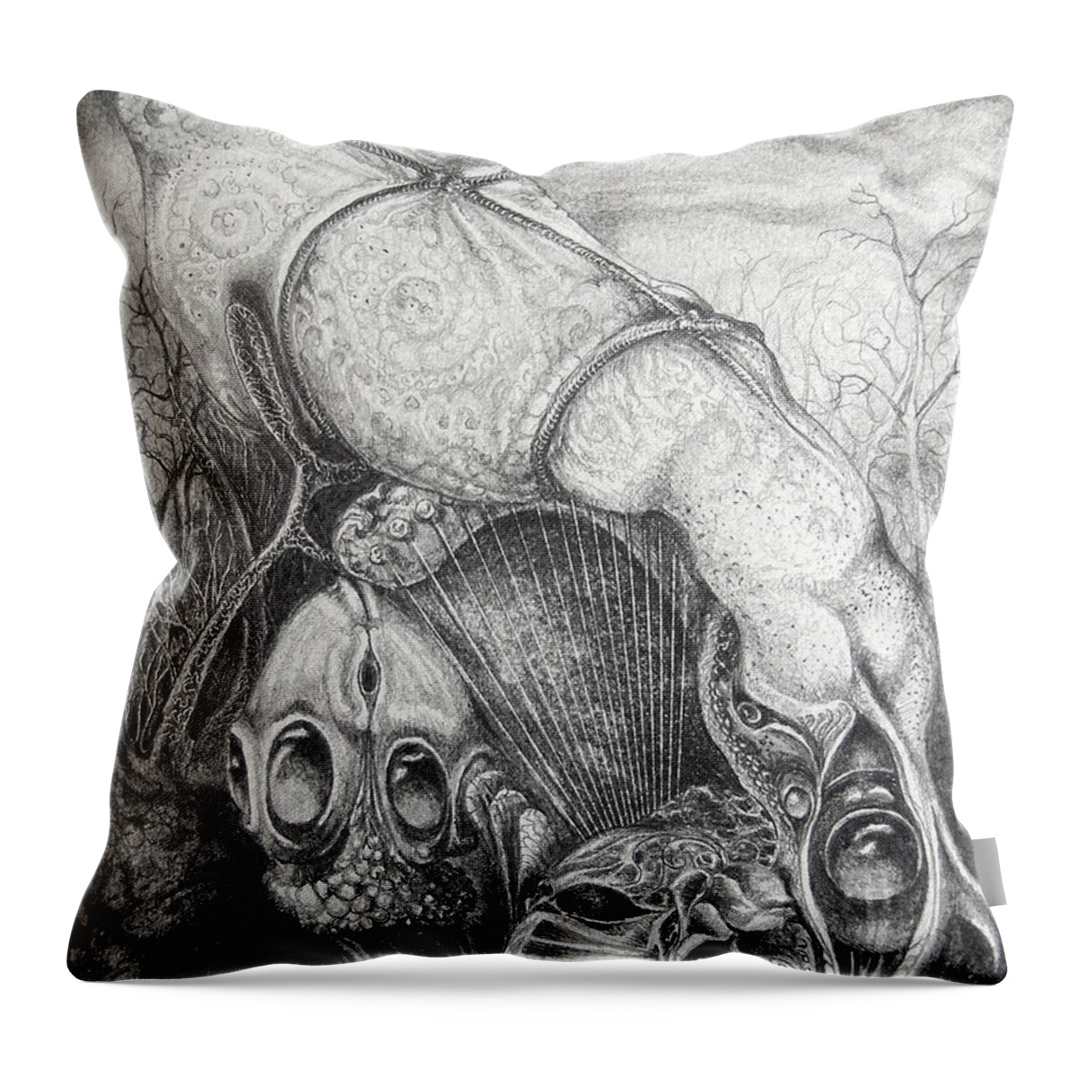 Surrealism Throw Pillow featuring the drawing Ctulhu Seedpods by Otto Rapp
