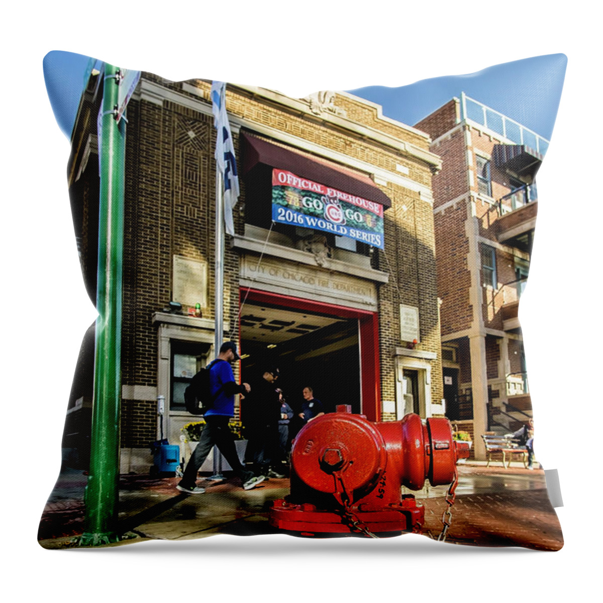 Chicago Cubs Throw Pillow featuring the photograph Cubs win Firehouse by Sven Brogren