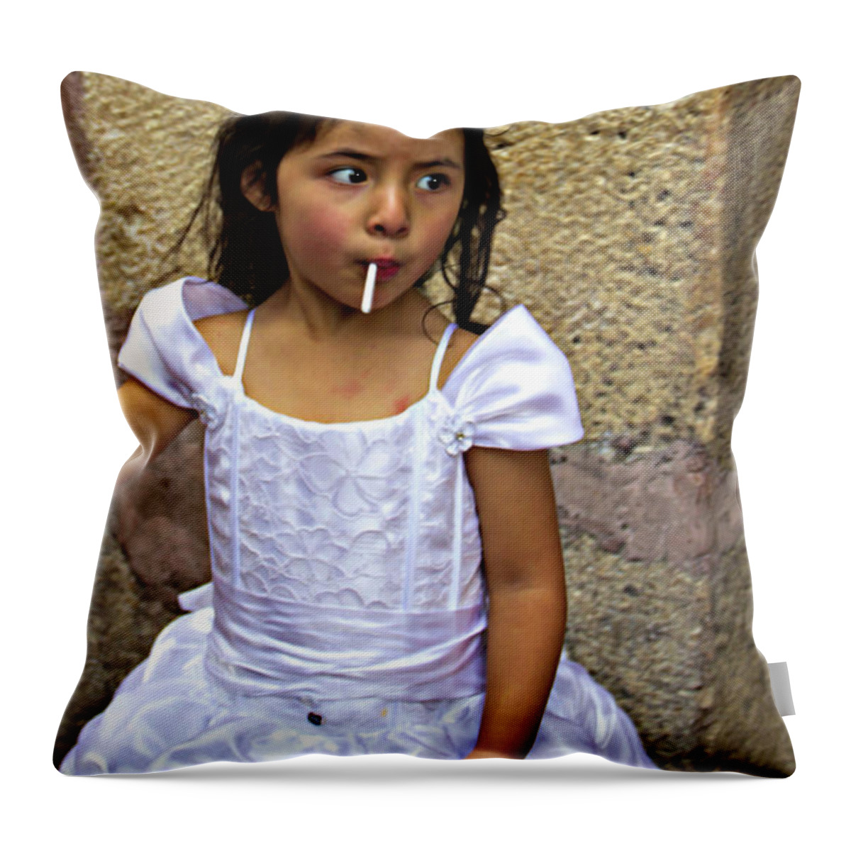 Girl Throw Pillow featuring the photograph Cuenca Kids 802 by Al Bourassa