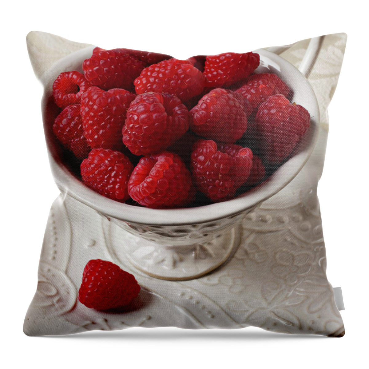 Raspberries Fruit Cup Food Berry Throw Pillow featuring the photograph Cup full of raspberries by Garry Gay