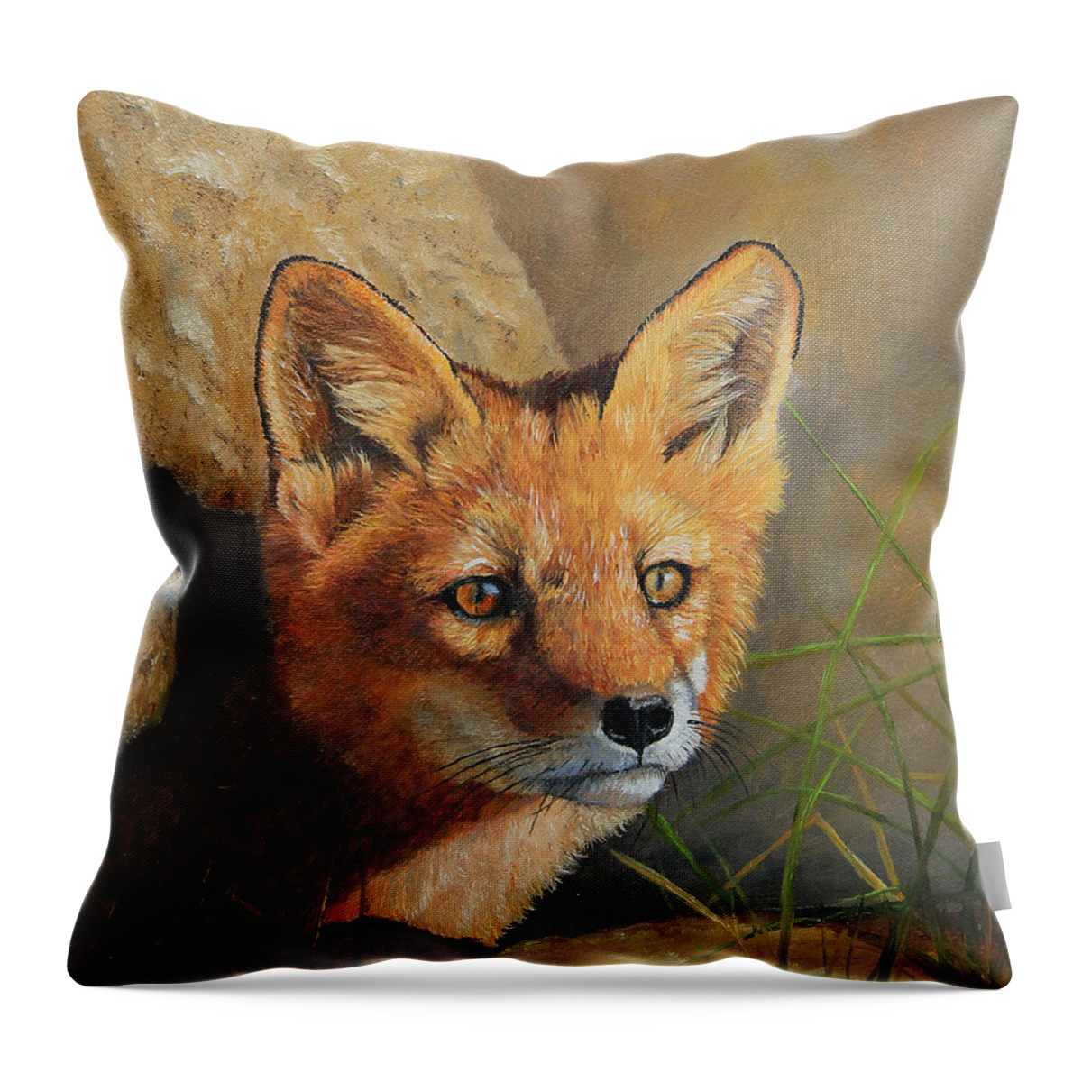 North American Wildlife Throw Pillow featuring the painting Curious - Red Fox Kit by Johanna Lerwick