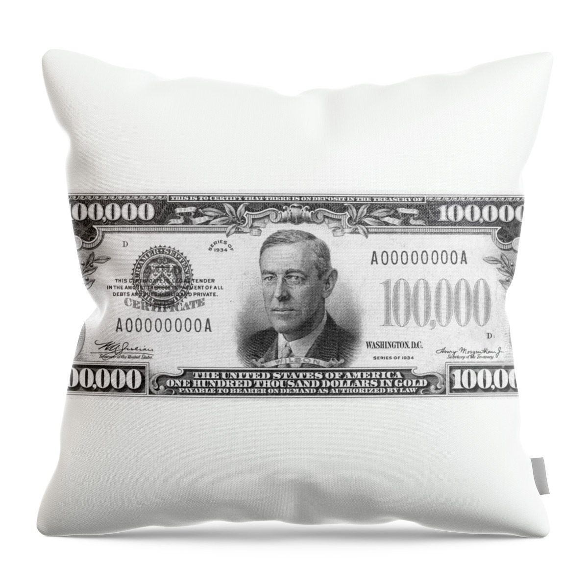 100 Throw Pillow featuring the photograph 100,000 Dollar Bill #100000 by Granger