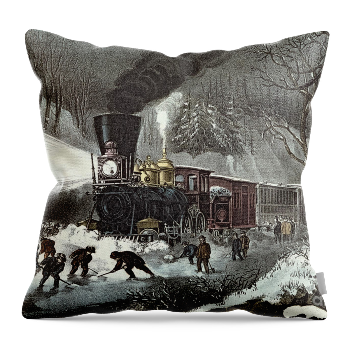 American Throw Pillow featuring the painting Currier and Ives by American Railroad Scene