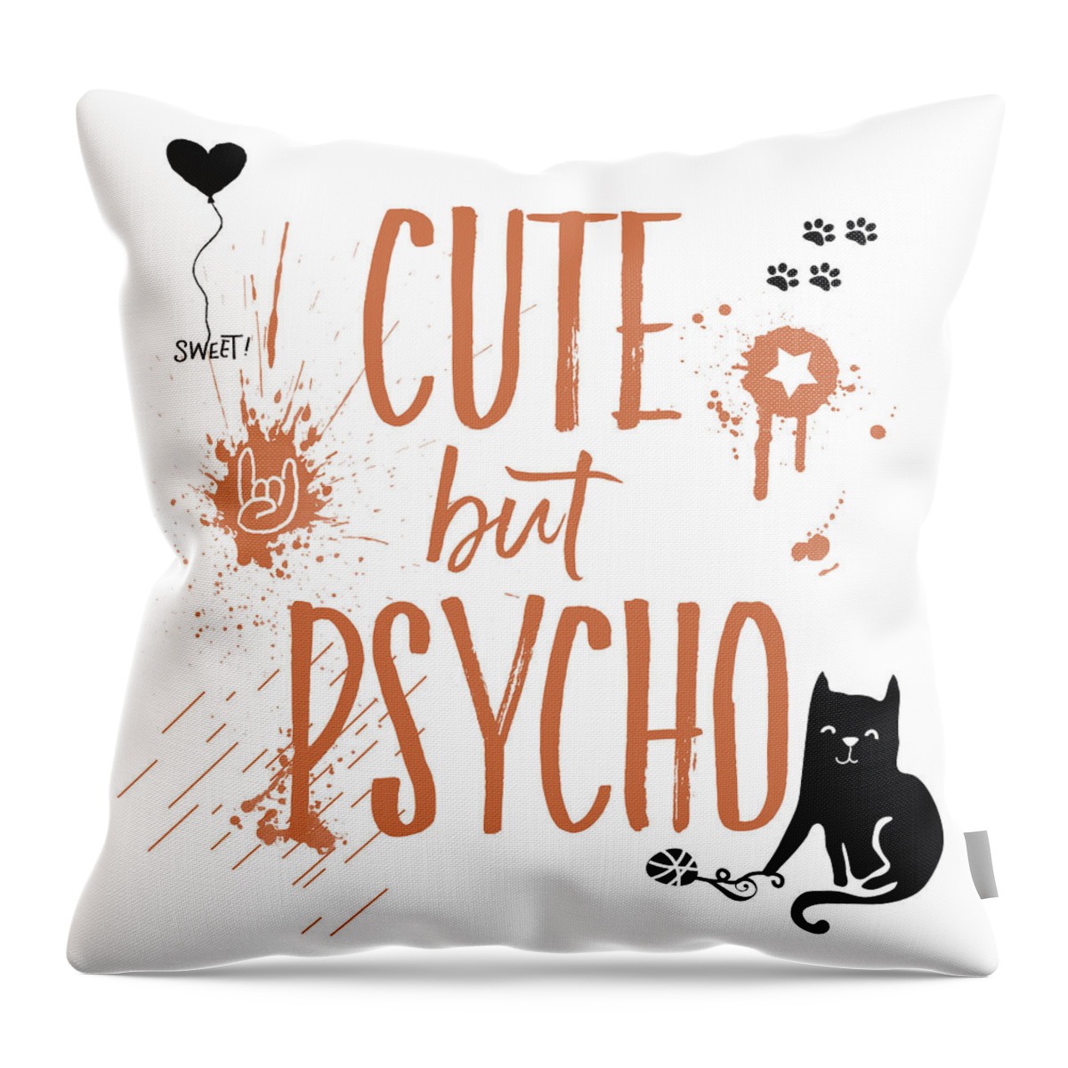 Abstract Throw Pillow featuring the digital art CUTE but PSYCHO Cat by Melanie Viola