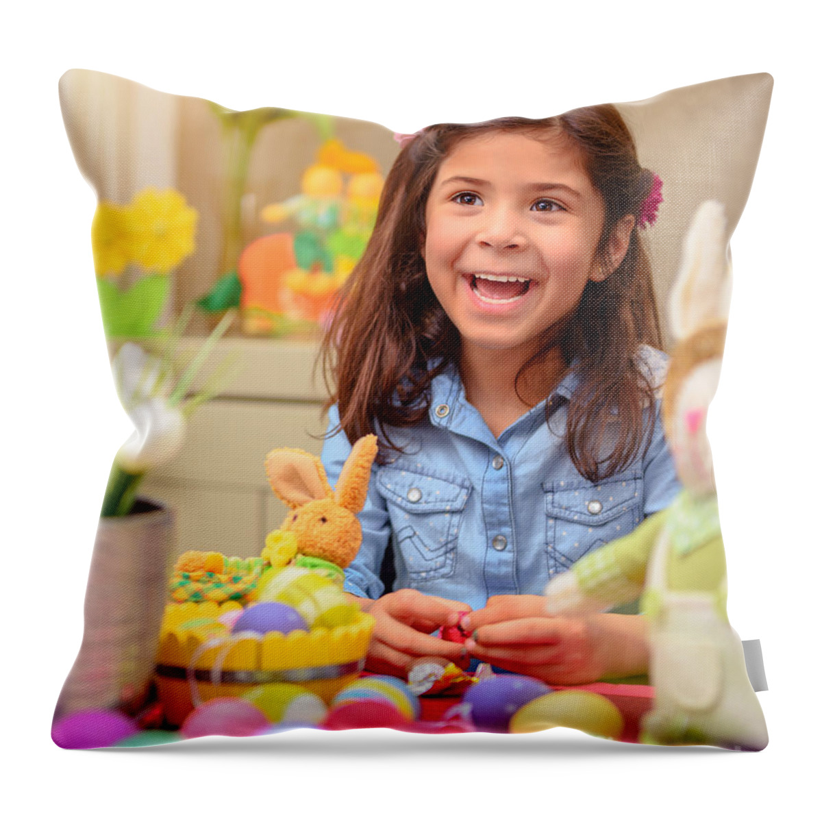 Baby Throw Pillow featuring the photograph Cute girl in Easter holiday by Anna Om