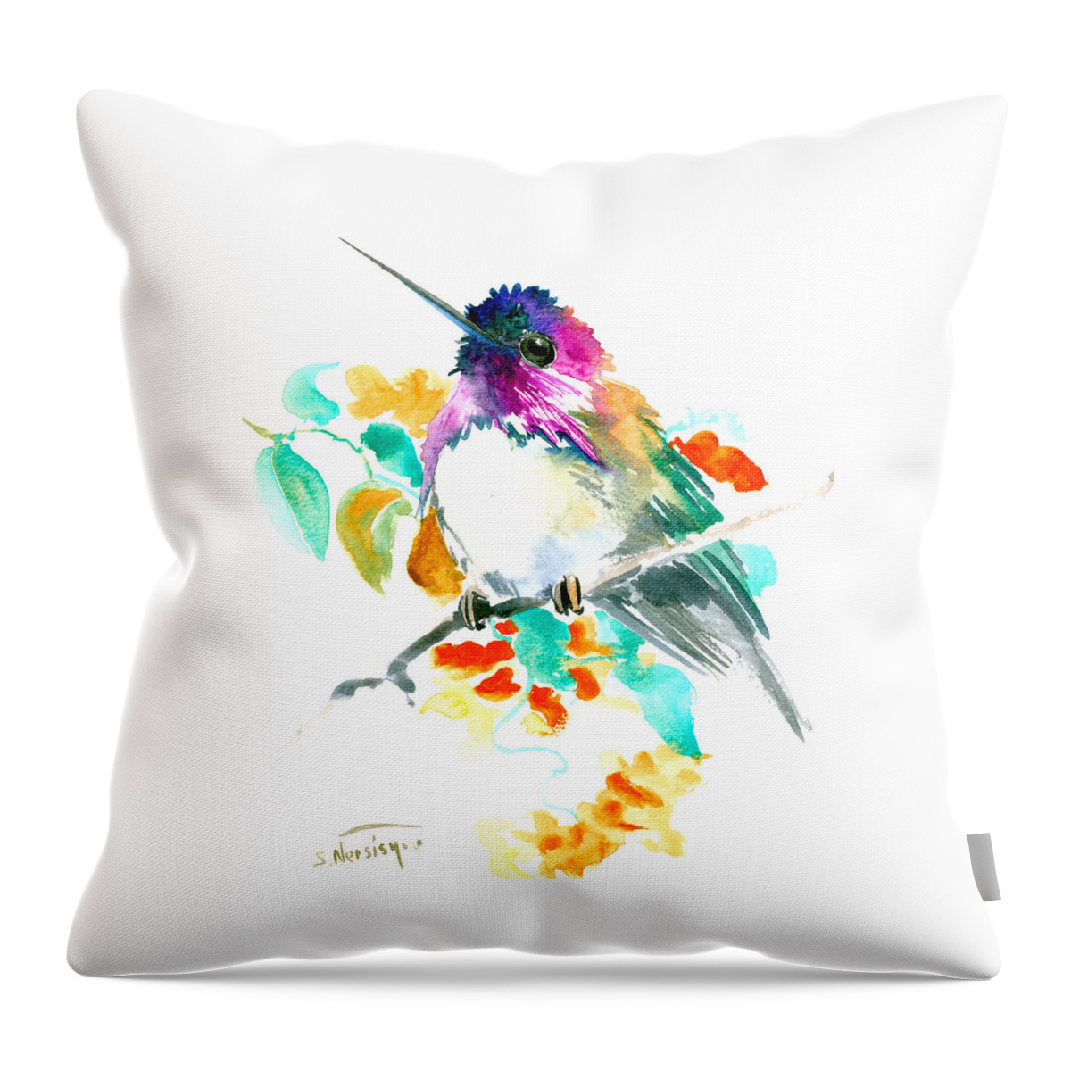 Hummingbird Throw Pillow featuring the painting Cute Little Hummingbird by Suren Nersisyan
