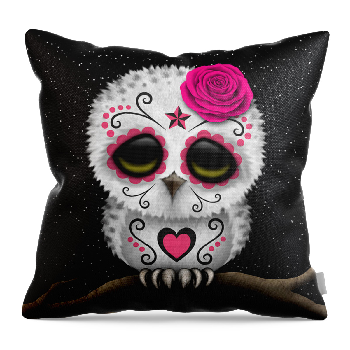 Owl Throw Pillow featuring the digital art Cute Pink Day of the Dead Sugar Skull Owl on a Branch by Jeff Bartels