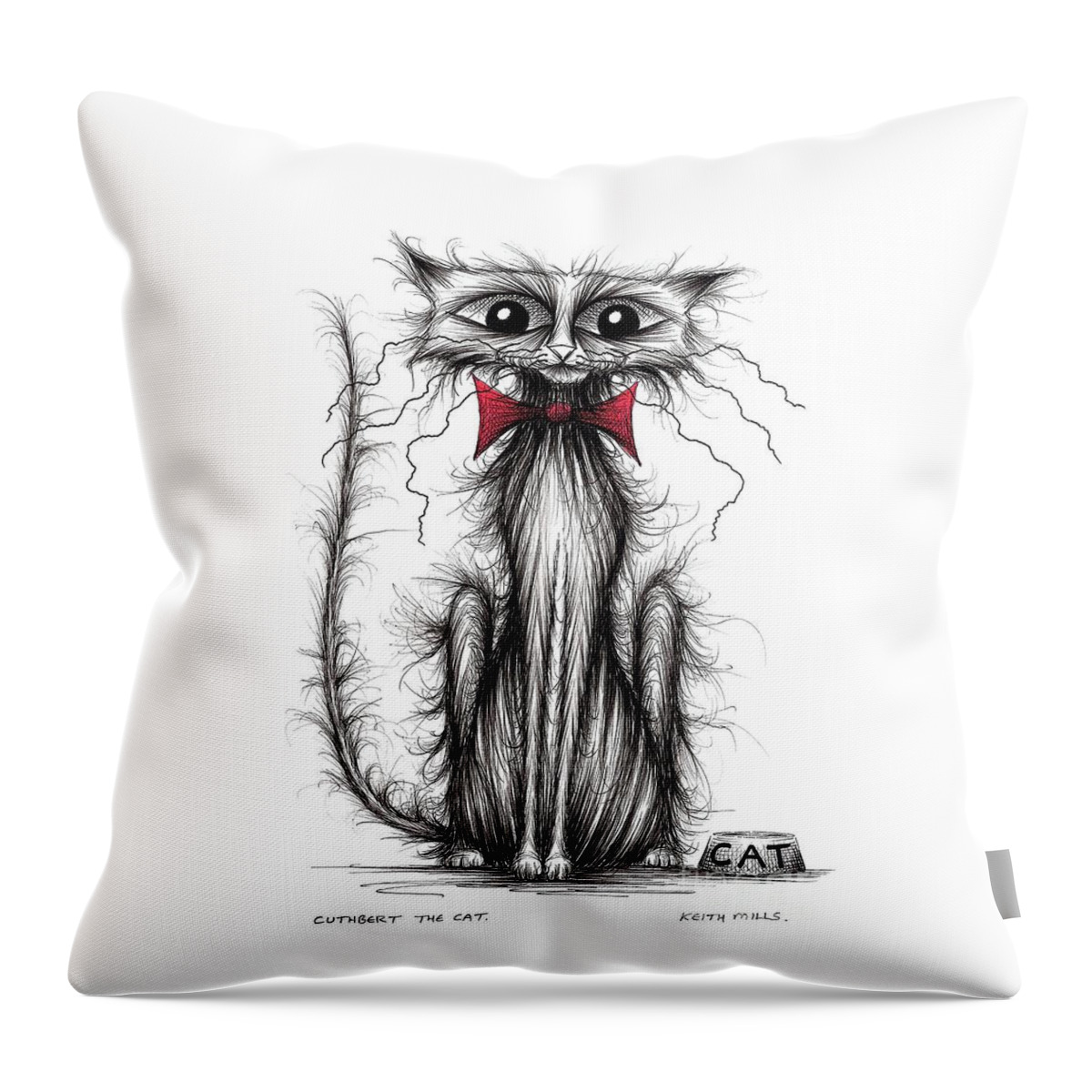 Thin Kitties Throw Pillow featuring the drawing Cuthbert the cat by Keith Mills