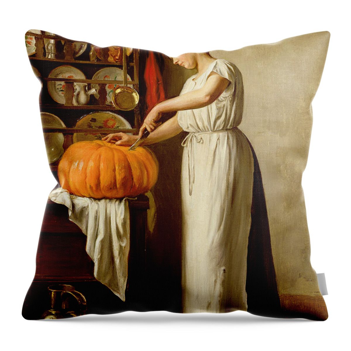 Interior; Female; Maid; Apron; Dresser; China; Copper Jug; Knife; Domestic; Food Preparation Throw Pillow featuring the painting Cutting the Pumpkin by Franck-Antoine Bail