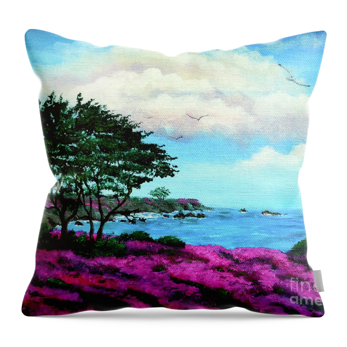 Carmel Throw Pillow featuring the painting Cypress Trees by Lovers Point by Laura Iverson