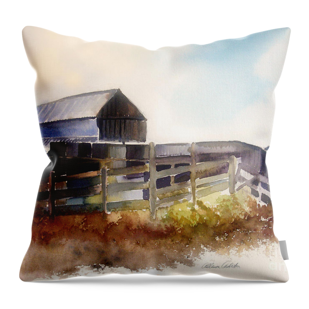 Farmhouse Throw Pillow featuring the painting Dad' Farmhouse by Allison Ashton