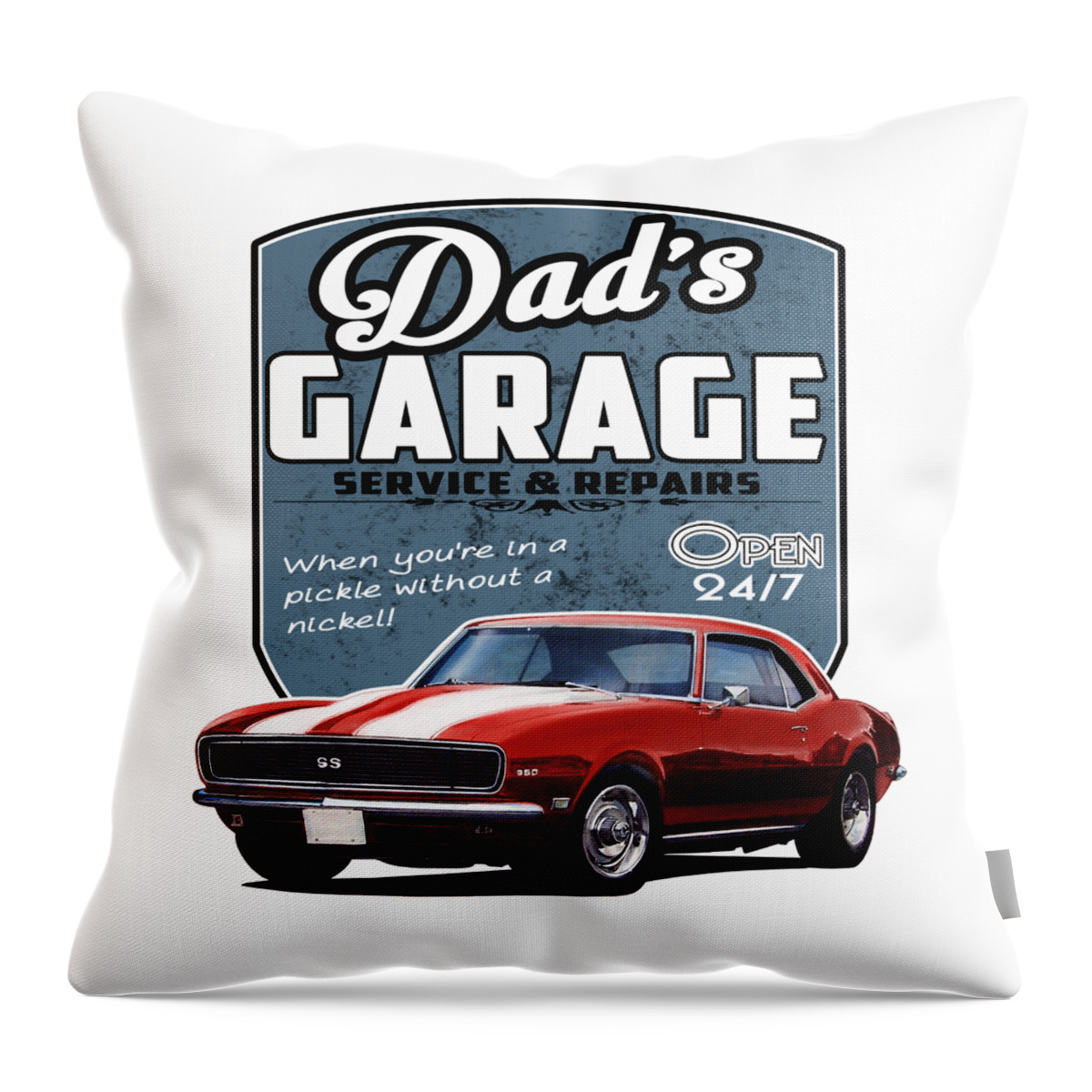Red Throw Pillow featuring the digital art Dad's Garage-1968 Camaro by Paul Kuras