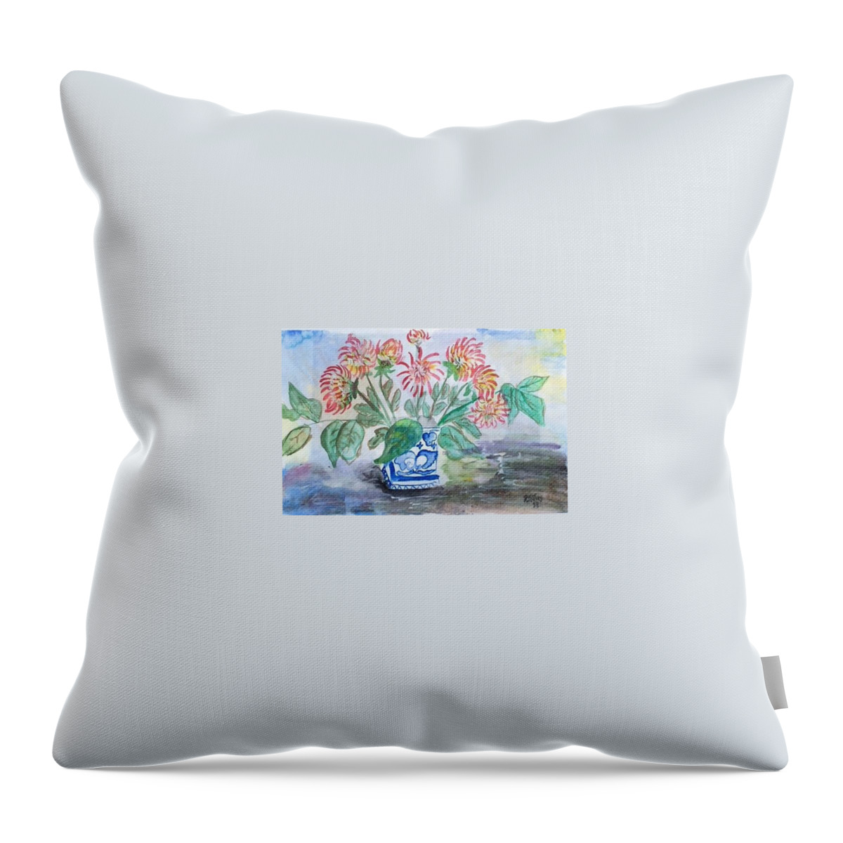Watercolor Throw Pillow featuring the painting Dahlias in blue vase by Dottie Visker