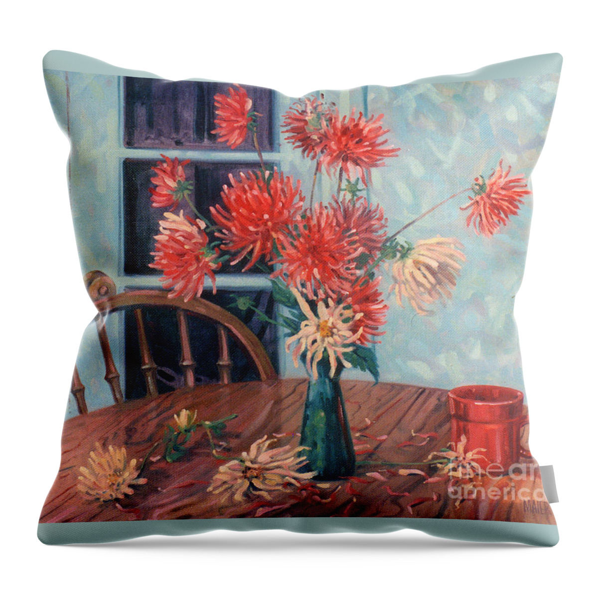 Still Life Throw Pillow featuring the painting Dahlias with Red Cup by Donald Maier