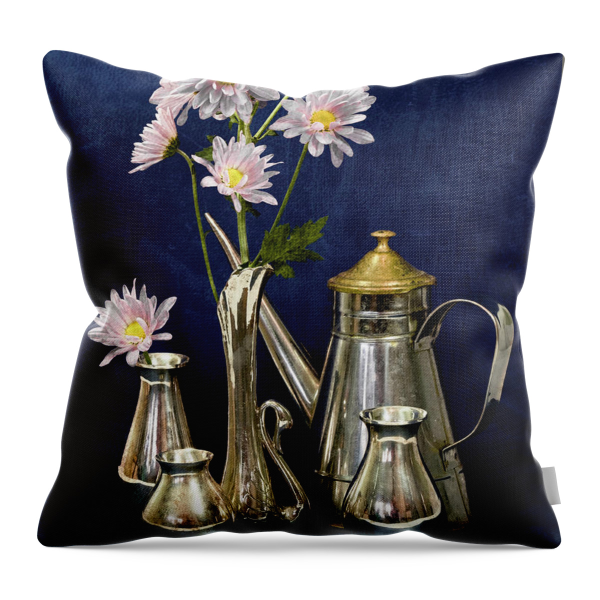 Still-life Throw Pillow featuring the photograph Daisies in Silver Still-Life by Betty Denise