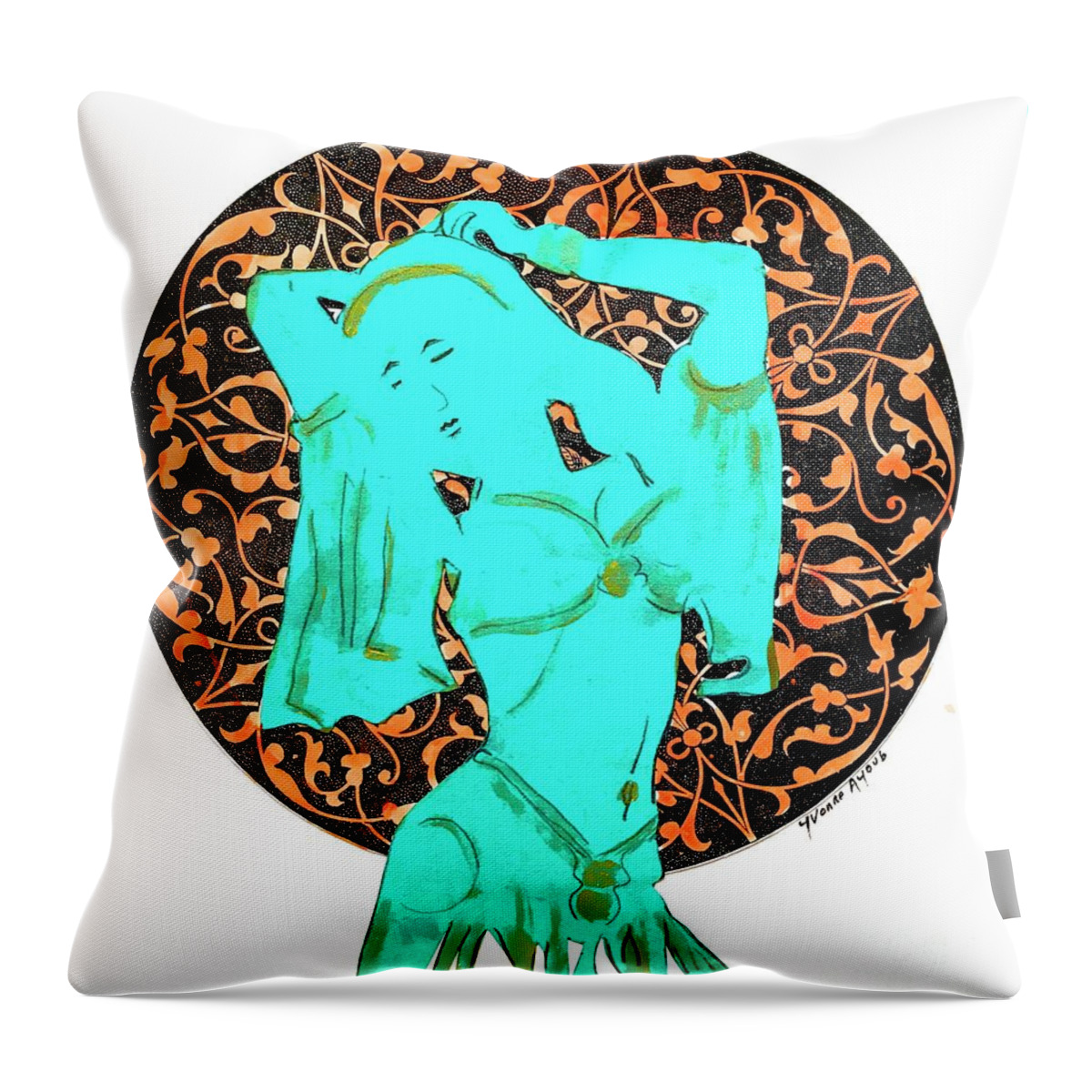 Arabic Throw Pillow featuring the painting Dancer in Turquoise 01 by Yvonne Ayoub