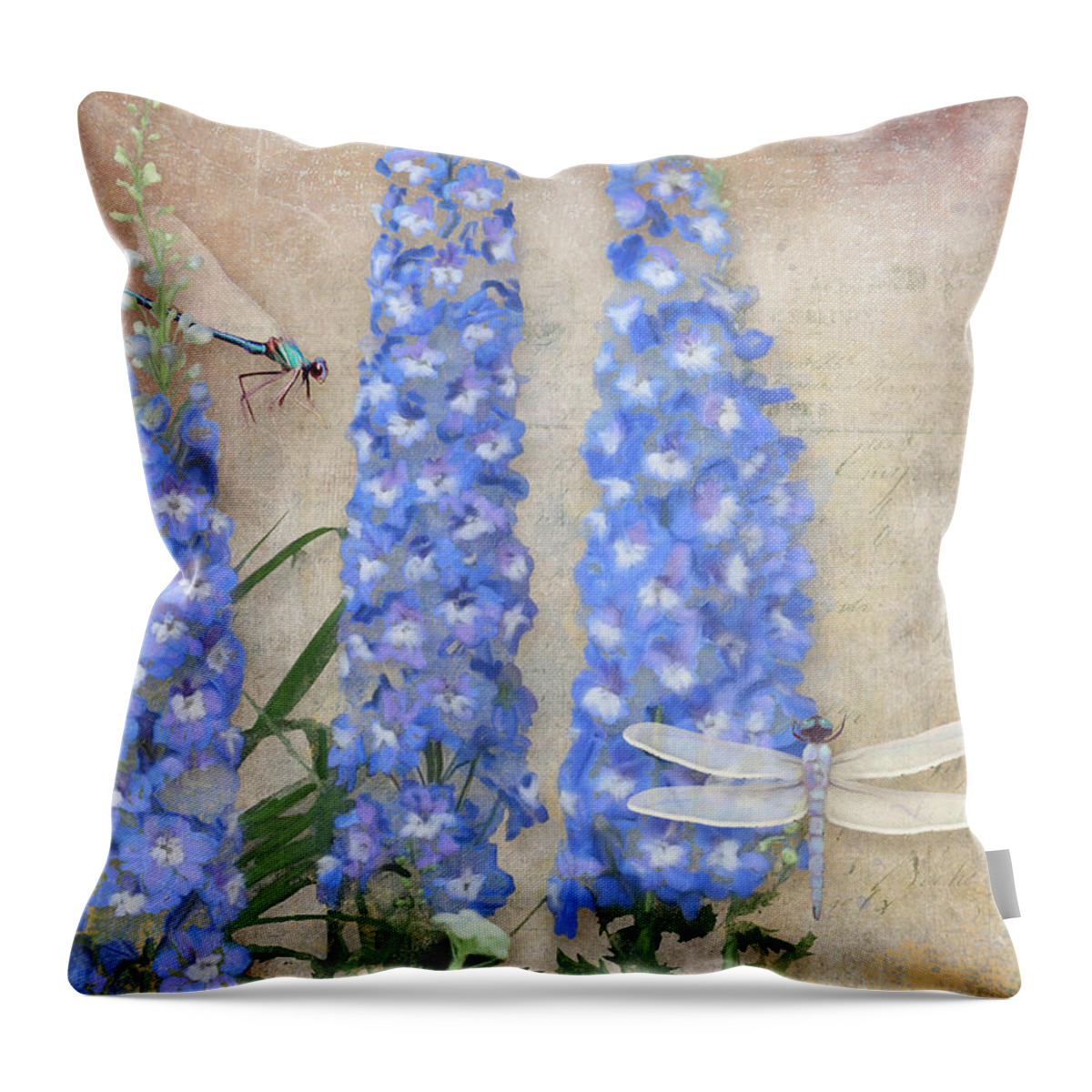 Damselfly Throw Pillow featuring the painting Dancing in the Wind - Damselfly n Dragonfly w Delphinium by Audrey Jeanne Roberts