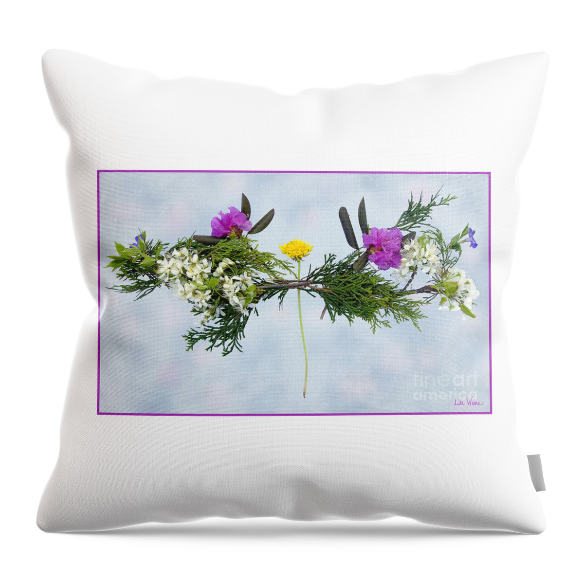 Lise Winne Throw Pillow featuring the photograph Dandelion Balancing Act with Blue Background by Lise Winne