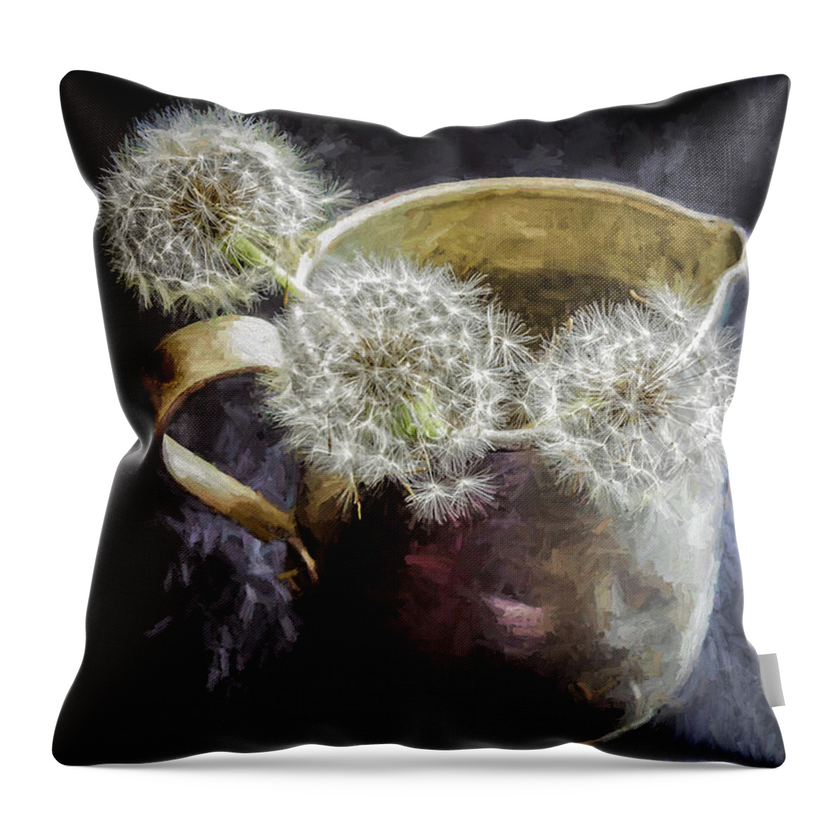 Plant Throw Pillow featuring the photograph Dandelion Blowballs in Tin Pitcher by Kathleen K Parker