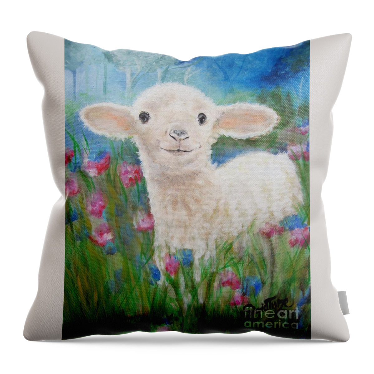 Lamb Throw Pillow featuring the painting Flying Lamb Productions   Daphne Star in the Tall Grass by Sigrid Tune
