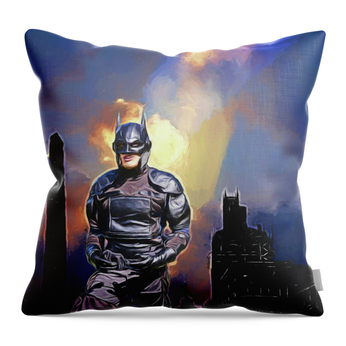 Batman Throw Pillow featuring the photograph Dark Night of Gothamville by John Haldane