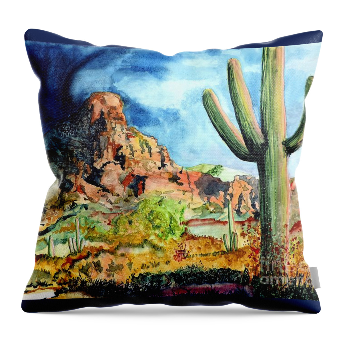 Arizona Throw Pillow featuring the painting Dark Storm on Fire Rock by Tom Riggs