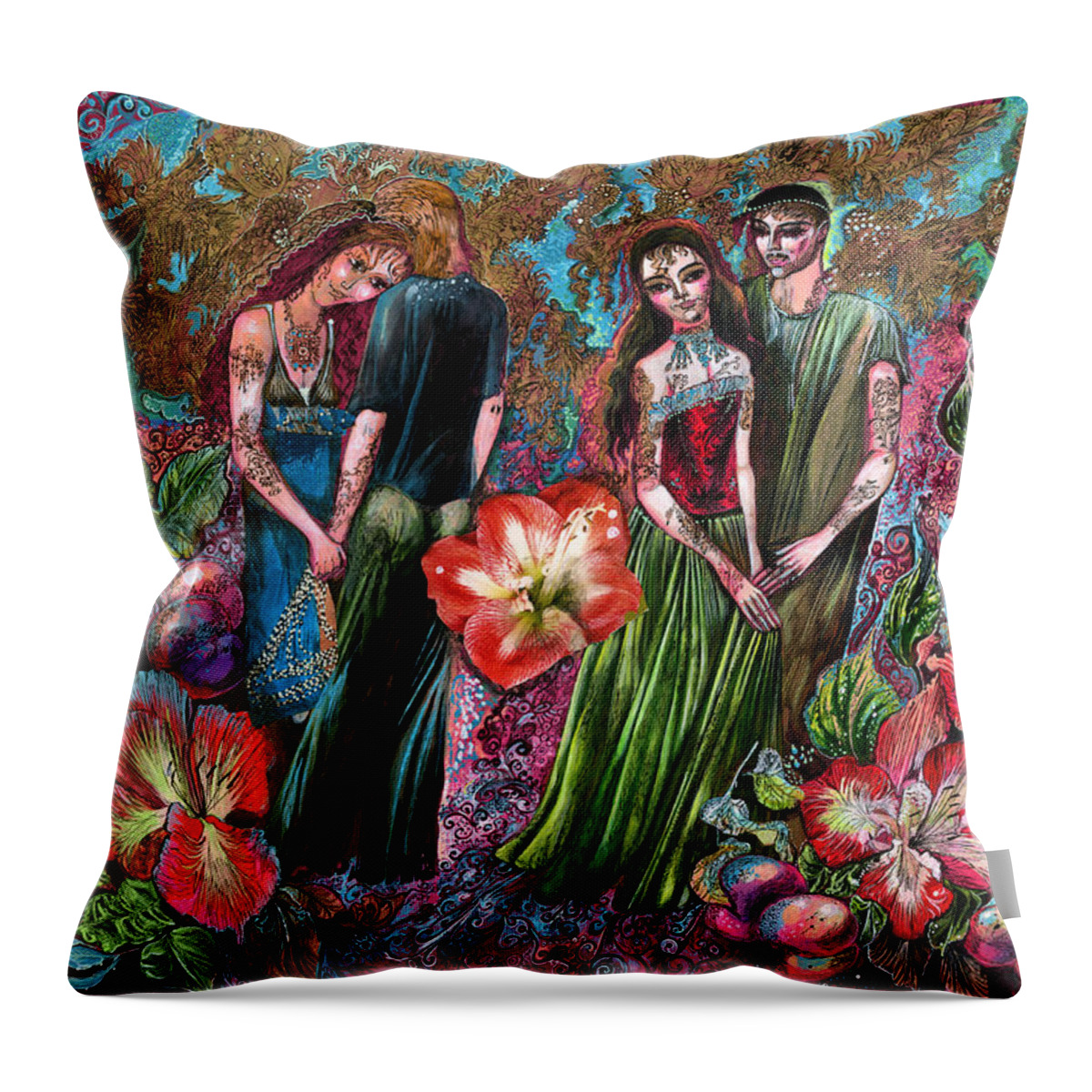 Russian Artists New Wave Throw Pillow featuring the painting Dating in Flower Valley by Maya Gusarina