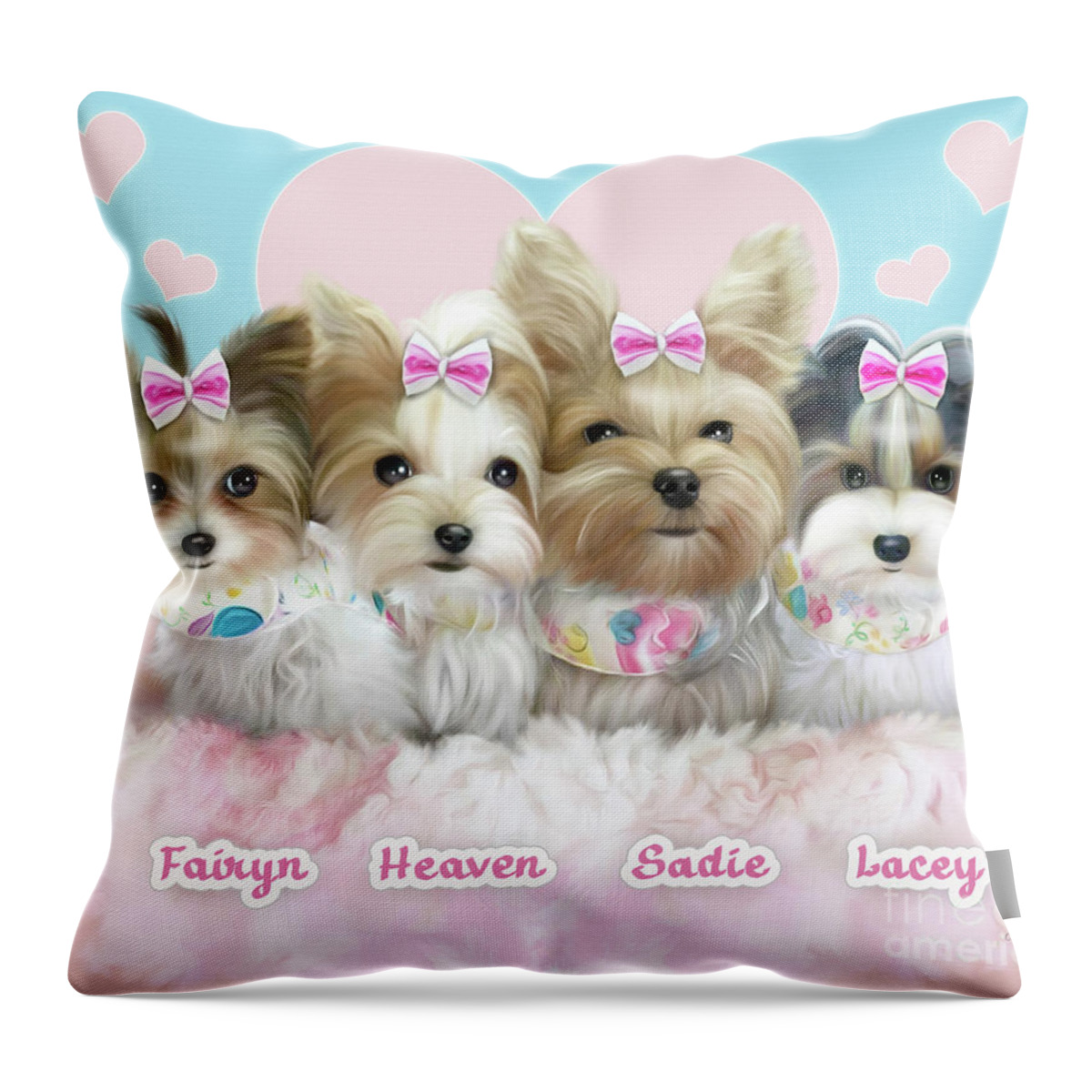 Yorkie Throw Pillow featuring the painting Davidson's Furbabies by Catia Lee