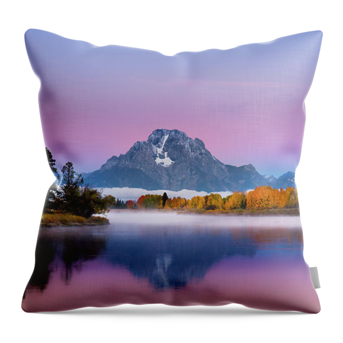 Grand Tetons Throw Pillow featuring the photograph Dawn at Oxbow Bend by Leslie Wells