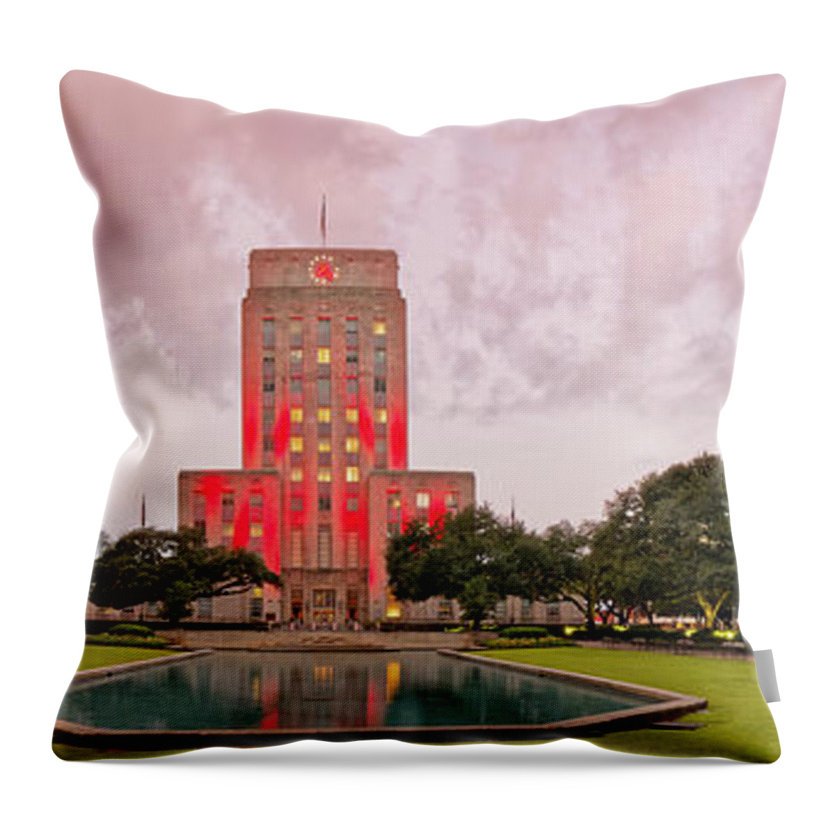 Downtown Throw Pillow featuring the photograph Dawn Panorama of Houston City Hall at Hermann Square - Downtown Houston Harris County by Silvio Ligutti