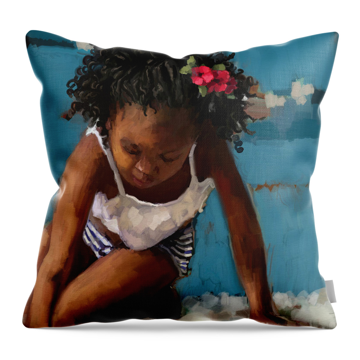 Black Throw Pillow featuring the painting Day at the Beach by Carrie Joy Byrnes