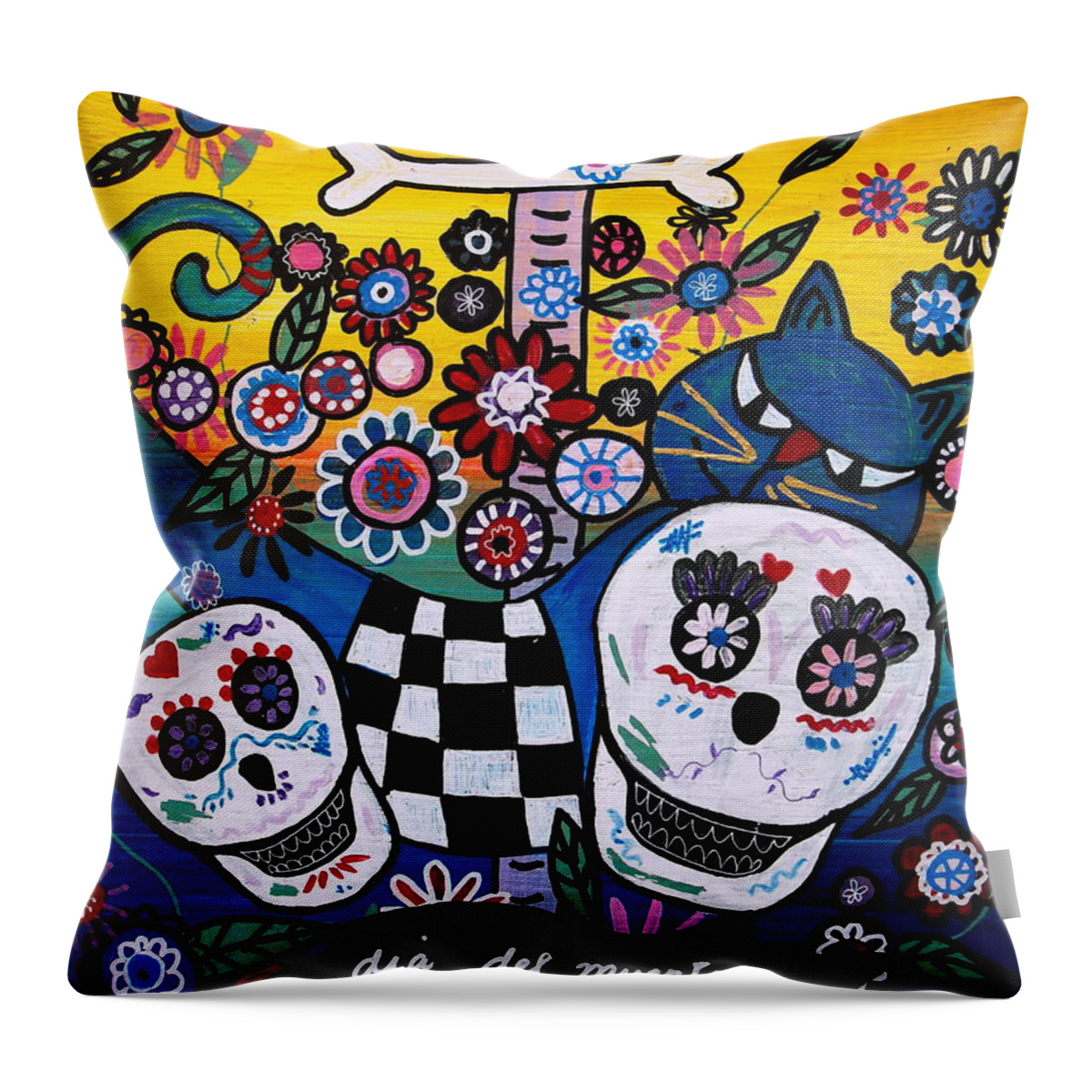 Cat Throw Pillow featuring the painting Day Of The Dead by Pristine Cartera Turkus