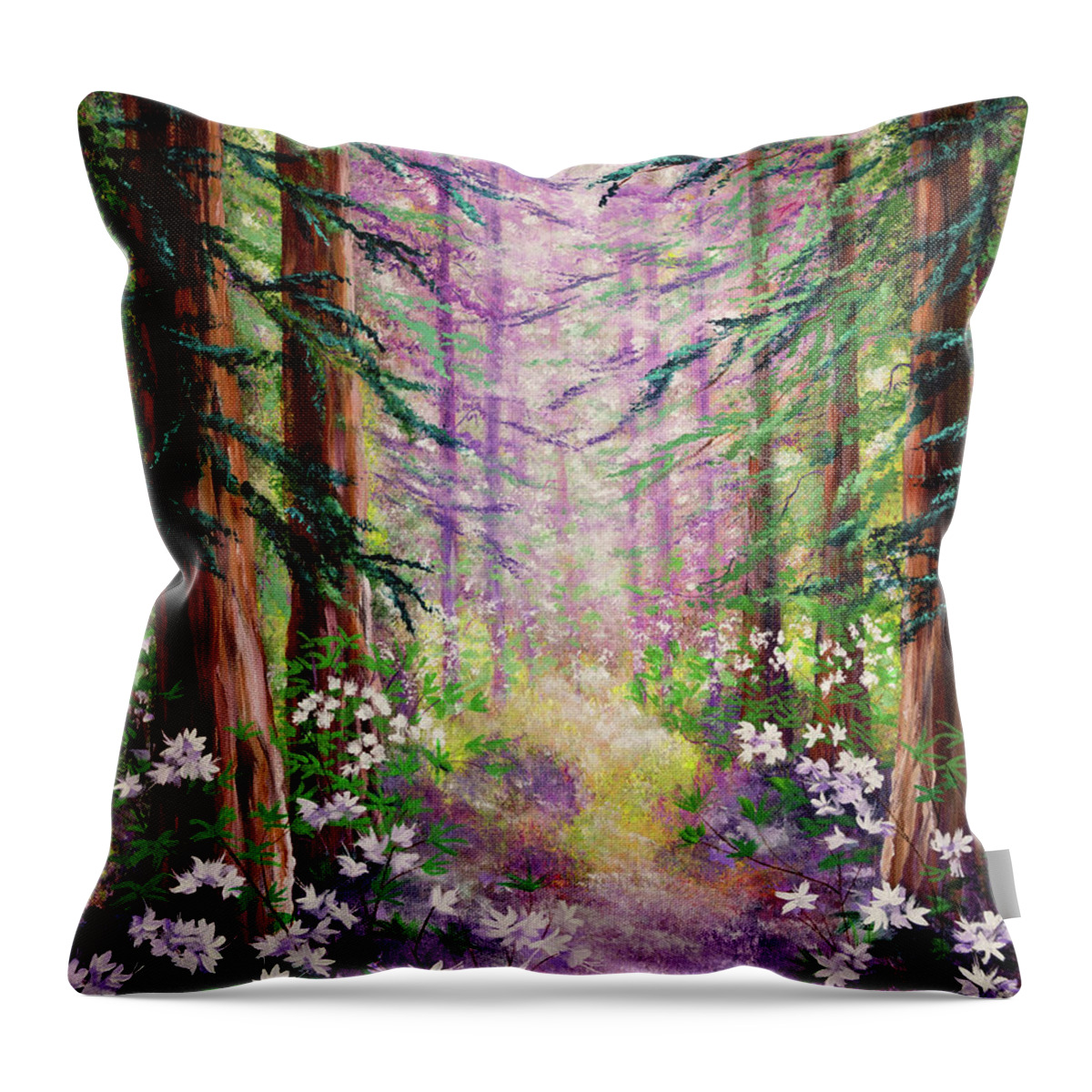 California Throw Pillow featuring the painting Daybreak in Springtime Redwood Trees by Laura Iverson