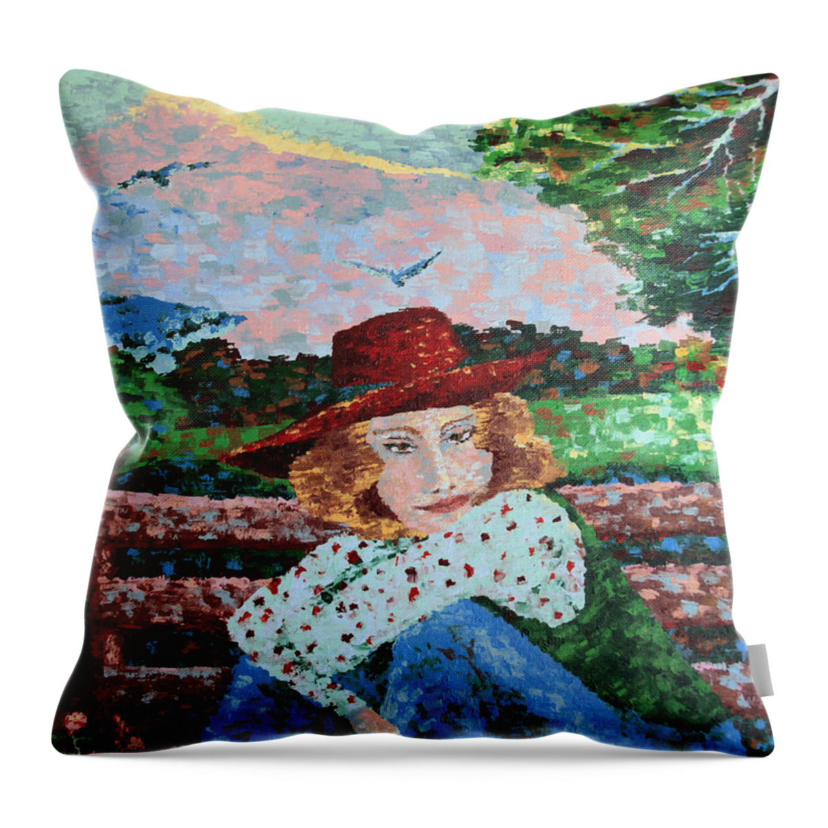Woman Throw Pillow featuring the painting Daydreamer in the Square by Bonnie Follett