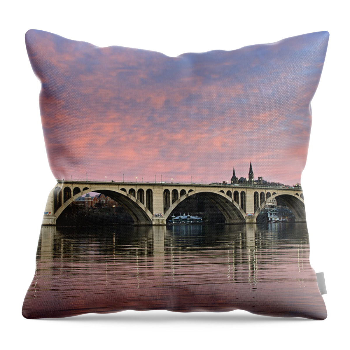 key Bridge Throw Pillow featuring the photograph DC Sunrise over the Potomac River by Brendan Reals