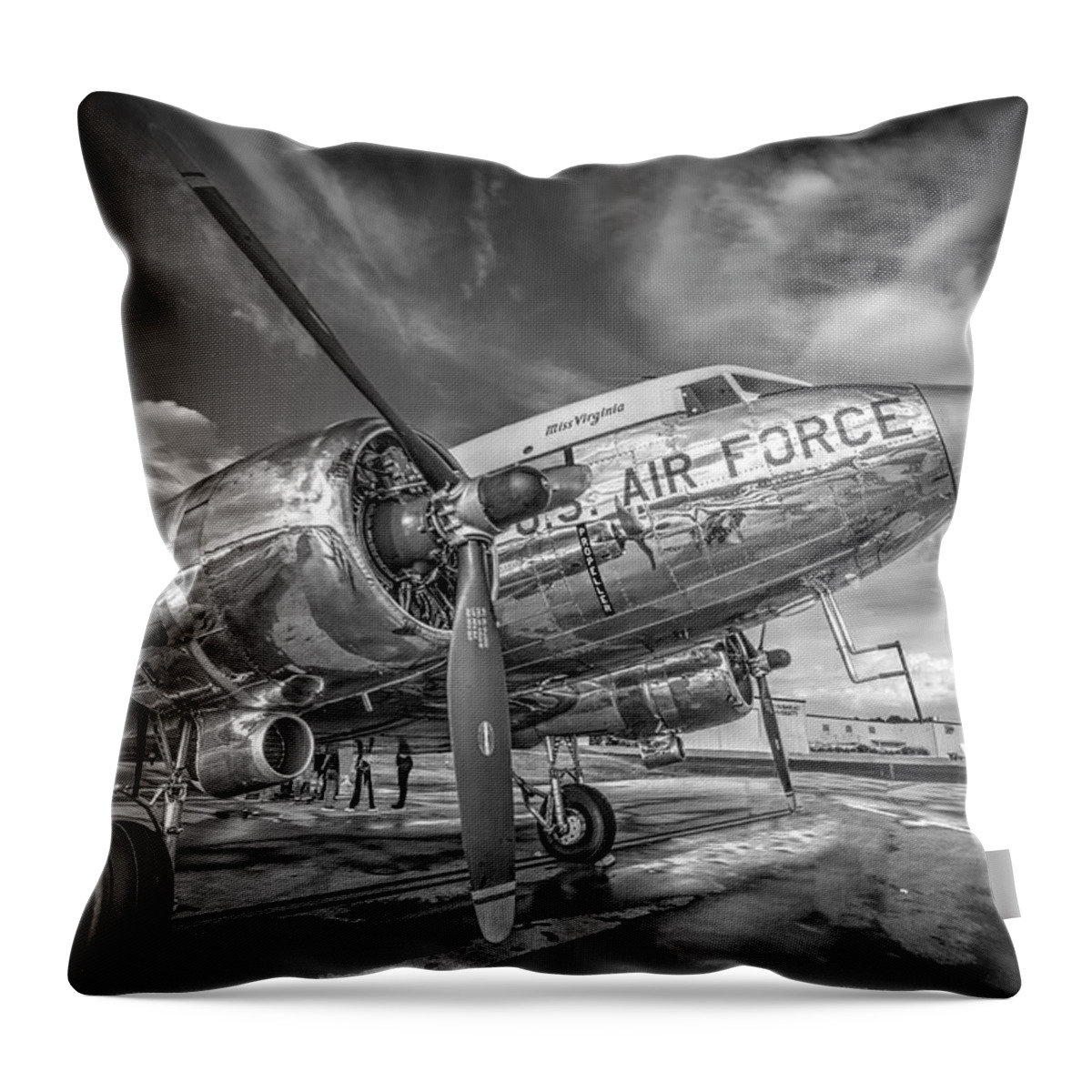 Black And White Throw Pillow featuring the photograph DC3 Miss Virginia in Black and White by Phil And Karen Rispin