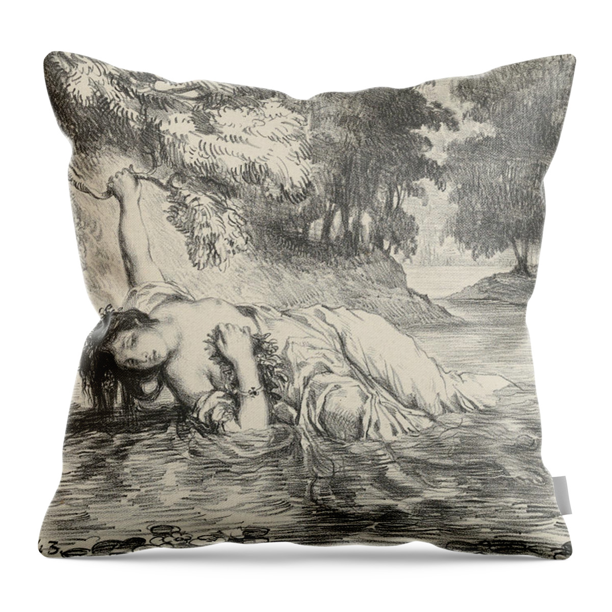 19th Century Art Throw Pillow featuring the relief Death of Ophelia by Eugene Delacroix