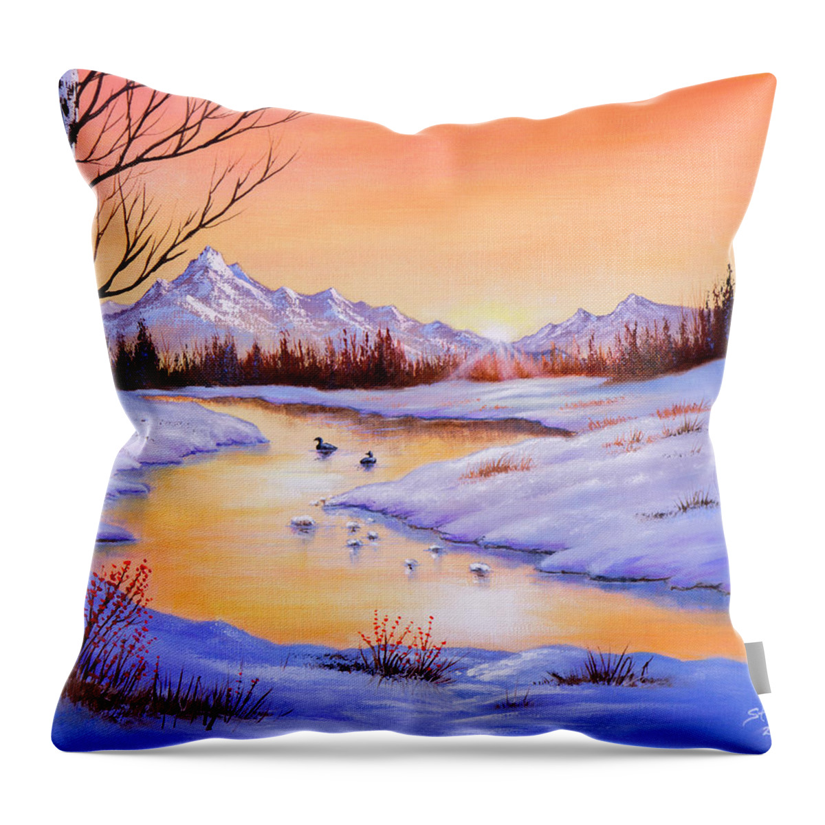 Ducks Throw Pillow featuring the painting December Shimmer by Chris Steele