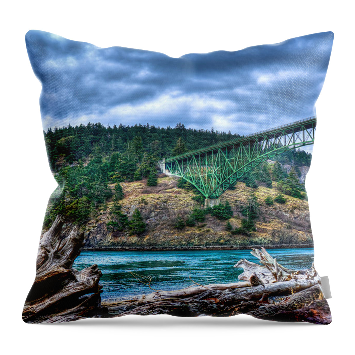 Hdr Throw Pillow featuring the photograph Deception Pass Bridge by David Patterson